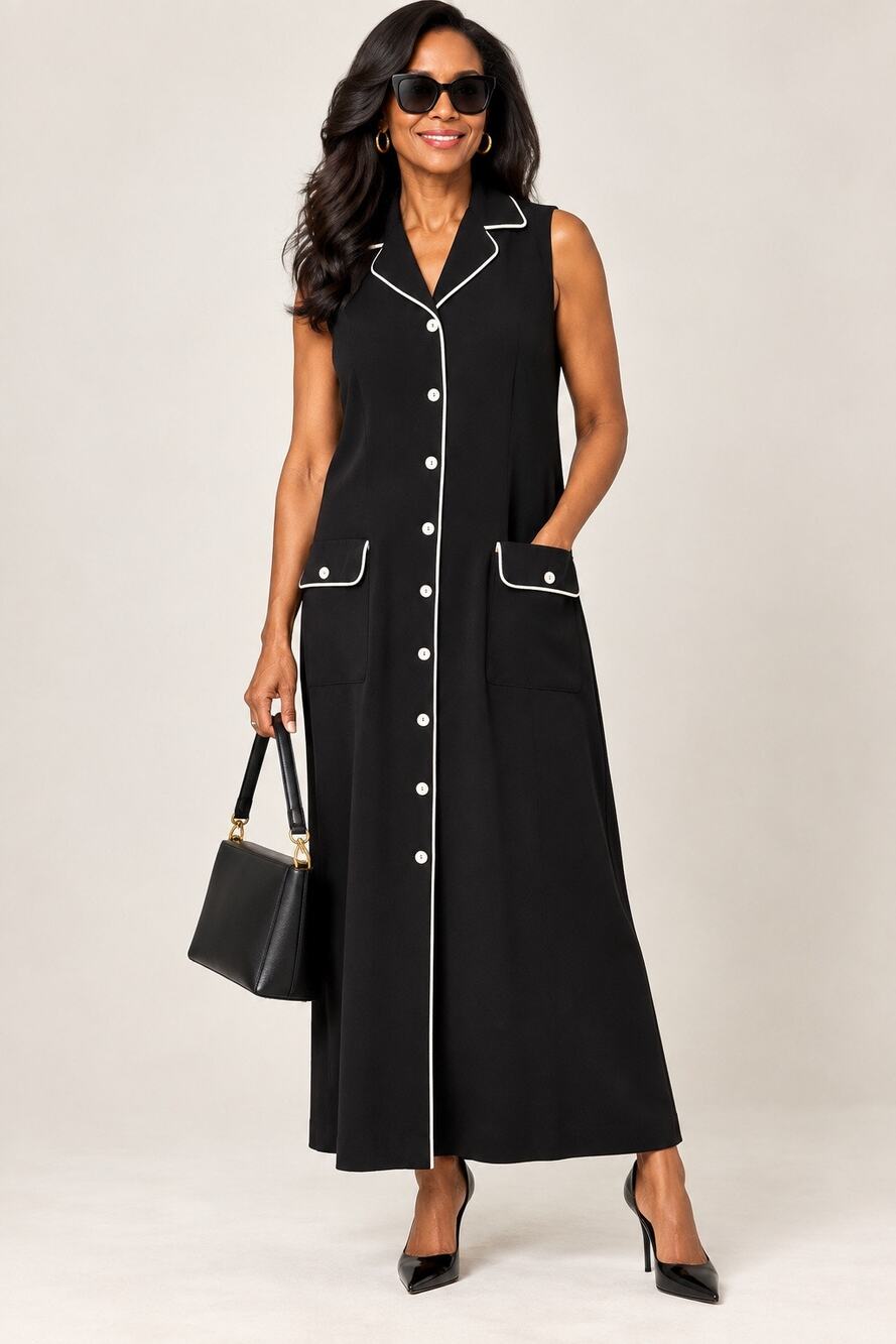 Evan Picone Black White Piped Sleeveless Maxi Shirt Dress Sz 14